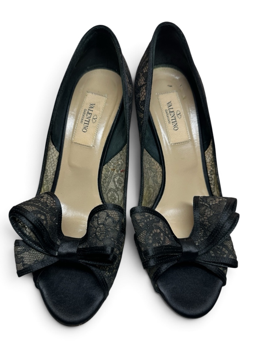 Valentino Garavani Black Lace Peep-Toe Heels with Bow Detail